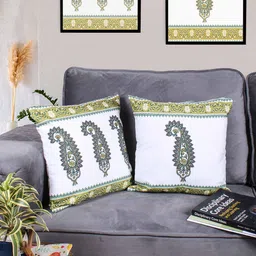 STITCHNEST White & Yellow 2 Pieces Ethnic Motifs Square Cushion Covers-image-89