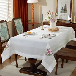 MONKDECOR Pink & White Floral Embroidered Linen Table Cover-9