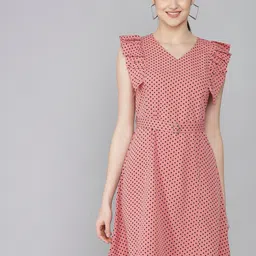 Rudraaksha Creations Polka Dot Printed Flutter Sleeve Crepe Fit & Flare Dress With Belt-picture-4