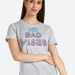shashvi Women Grey Melange Cotton Typography Printed T-shirt-picture-0