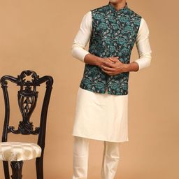 VASTRAMAY Men Cream-Coloured Floral Kurta with Churidar-picture-20