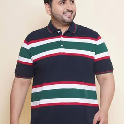 John Pride Horizontal Striped Polo Collar Cotton Plus Size T-shirt-image-33