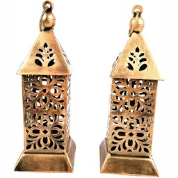 apka mart Copper-Toned 2Pieces Metal Lantern Design Candle Holders-picture-1