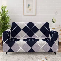 Story@home Navy Blue & White Printed Polyester 1 Piece Sofa Cover With Arms-24