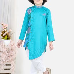 Kinder Kids Boys Blue Ethnic Motifs Angrakha Pure Cotton Kurta with Pyjamas-picture-18