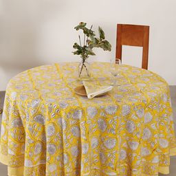 HANDICRAFT PALACE Yellow Floral Printed Cotton 4 Seater Round Table Cover With Napkin Set-image-77