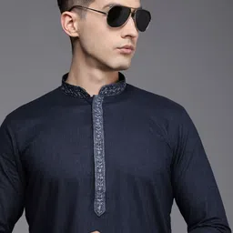 Manyavar Men Blue Solid Pure Cotton Kurta with Churidar-image-99