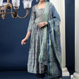 Bani Women Floral Printed Thread Work High Slit Kurta With Trousers & Dupatta-picture-35
