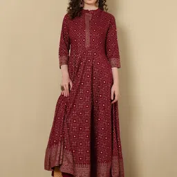 WOMENCLICK Women Ethnic Motifs Printed Flared Sleeves Mirror Work Floral Anarkali Kurta-55
