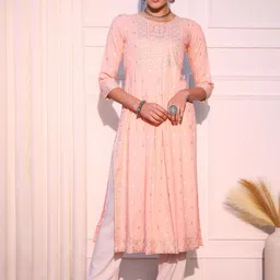 KALINI Ethnic Motifs Printed Mirror Work A-Line Kurta-11