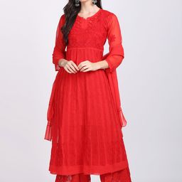 KHAKA Ethnic Motifs Embroidered Empire Chikankari Anarkali Kurta With Sharara & Dupatta-10