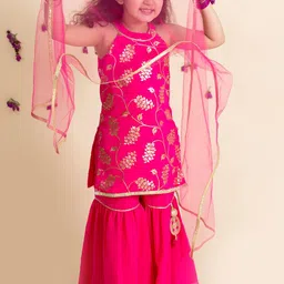 pspeaches Girls Magenta Floral Printed Kurta with Sharara & Dupatta-image-29