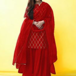 MORLY Notch Neck Short Sleeves Gotta Patti Checked Kurta with Sharara & Dupatta-8