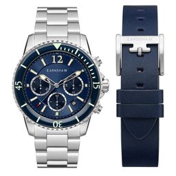 EARNSHAW Men Blue Brass Dial & Silver Toned Stainless Steel Bracelet Style Straps Analogue Chronograph Watch ES-8132-22-Blue-46