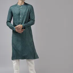 See Designs Men Teal Green Thread Work Kurta with Trousers-picture-36