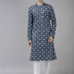See Designs Men Blue Printed Pure Cotton Indigo Kurta with Trousers-picture-13
