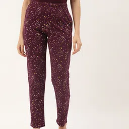 BROOWL Women Maroon & Yellow Printed Mid-Rise Pure Cotton Lounge Pants-image-26