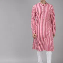 See Designs Men Pink Striped Pure Cotton Kurta with Trousers-picture-50