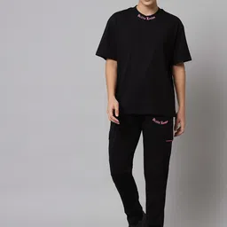 GRIFFEL Women Black & Pink Printed T-shirt with Pyjamas-image-24