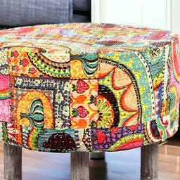 Ikiriya Yellow & Green Printed Rosslyn Wooden Cylindrical Pouffe Ottoman-image-3