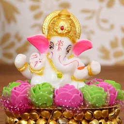 eCraftIndia Pink & White Lord Ganesha Idol On Decorative Handcrafted Plate With Flowers Showpiece-37
