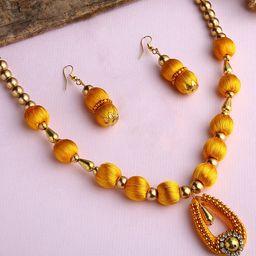 AKSHARA Gold-Plated Yellow & White Stone studded Ethnic Handcrafted Silk Thread Necklace Set-image-76