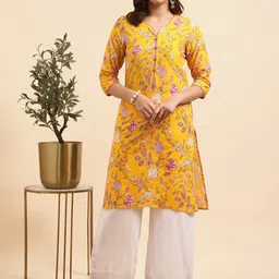 Rangita Floral Printed Round Neck Pure Cotton Straight Kurta with Palazzos-57