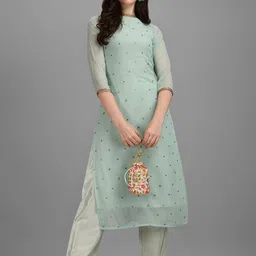 KALINI Floral Embroidered Sequinned Straight Kurta With Trousers-picture-29