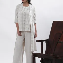 W White Striped Top With Trousers & Shrug-image-48