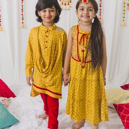 pspeaches Boys Mustard Yellow Ethnic Motifs Embroidered Angrakha Pure Cotton Kurti with Trousers-picture-3
