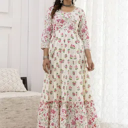 GLAM ROOTS Floral Printed Round Neck Angrakha Pure Cotton Anarkali Kurta-42