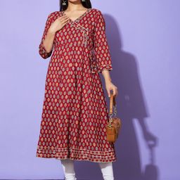 Globus Maroon Floral Printed Regular Sleeves V Neck Cotton Casual A Line Kurta-picture-16