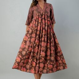 INDIANIC Ethnic Motifs Printed V-Neck Gathered Detailed Empire Ethnic Dress-image-70