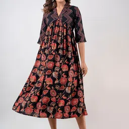 INDIANIC Floral Printed V-Neck Empire Midi Ethnic Dress-picture-13