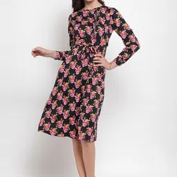 Purple State Women Black & Pink Floral Printed Fit And Flare Dress-image-95