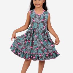 KID1 Girls Sea Green & Grey Tropical Printed Cotton Fit & Flare Dress-picture-33