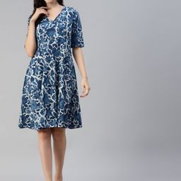 Divena Blue Floral Block Print Cotton Fit & Flare Dress-image-94