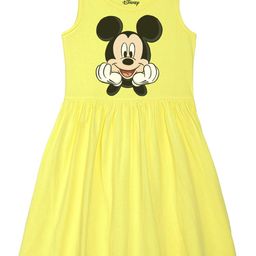 Disney by Wear Your Mind Girls Yellow Mickey Mouse Printed Pure Cotton Fit & Flare Dress-image-19