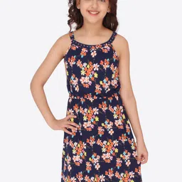 CUTECUMBER Girls Navy Blue & Orange Floral Printed Dress-11