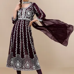 HERE&NOW Floral Lucknowi Chikankari Embroidered Georgette Anarkali Kurta with Dupatta-picture-28