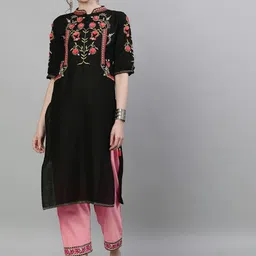 Ishin Women Black & Pink Ethnic Motifs Embroidered Floral Kurta-30