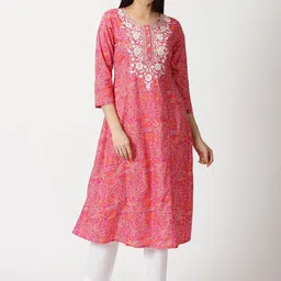 Saffron Threads Floral Print Chikankari Embroidery Pure Cotton A-Line Kurta-image-52