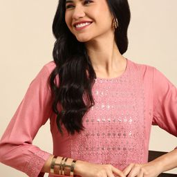 SHOWOFF Women Pink Floral Embroidered Floral Kurta-image-22
