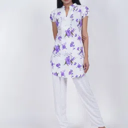 Trendzmy Women White & Purple Floral Printed Keyhole Neck Floral Kurta-picture-24