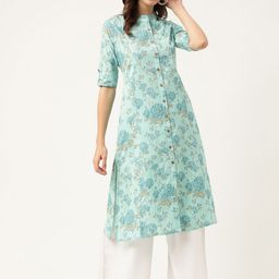 Divena Floral Printed Roll-Up Sleeves A-Line Cotton Kurta-picture-19