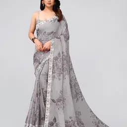 MIRCHI FASHION Grey & Off White Floral Saree-image-16