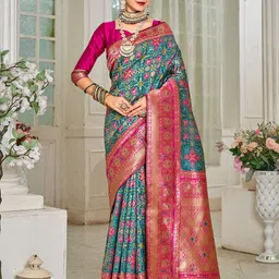 Anouk Pink & Green Ethnic Motifs Woven Design Zari Art Silk Kanjeevaram Saree-image-87
