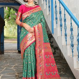 Anouk Turquoise Blue & Pink Ethnic Motifs Woven Design Zari Kanjeevaram Saree-picture-7
