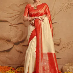 Mitera Off White & Red Paisley Zari Silk Blend Kanjeevaram Saree-picture-56
