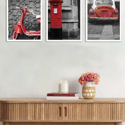 Art Street Set Of 3 Red Retro Vintage Vehicle White Framed Wall Art-46